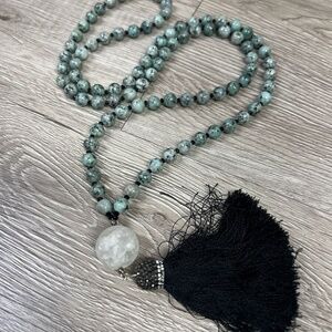 New Handmade Long Glass Bead Marble Glass and Black Tassel Necklace Heavy 22”